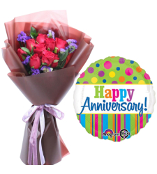 12 Red Roses Bouquet with Anniversary Balloon