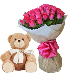 24 Pink Roses with Pink Small Bear