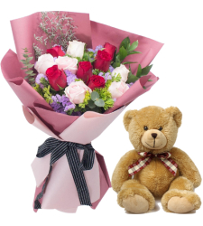 12 Mixed Roses in Bouquet with Small Bear