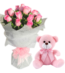 12 Pcs. Pink Roses with Small Bear