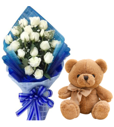 24 White Roses with Small Bear