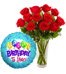 12 Red Roses vase with Birthday Balloon