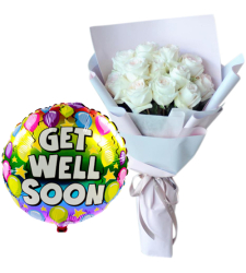 12 White Roses with Get Well Soon Balloon