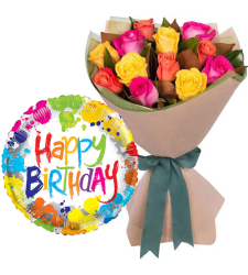 12 Mixed Roses Bouquet with Birthday Balloon