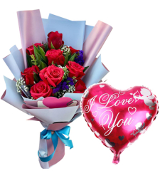 9 Pcs. Red Roses with Mylar Balloon