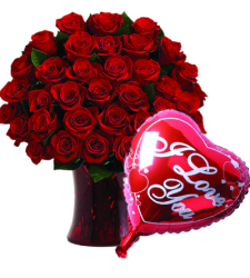 36 Red Roses In Vase with Love You Balloon