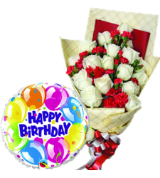 12 Pcs White Roses with Birthday Balloon