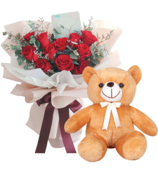 12 Red Roses with Small Brown Bear