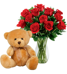 12 Red Roses in Vase with Brown Bear