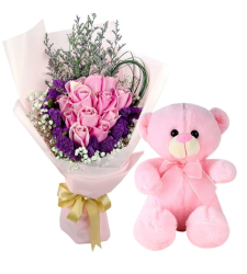 12 Pink Roses in Bouquet with Pink Bear