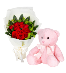 12 Red Roses Bouquet with Pink Bear