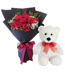 12 Red Roses Bouquet with Small White Bear