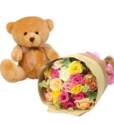 24 Mixed Color Roses with Small Bear