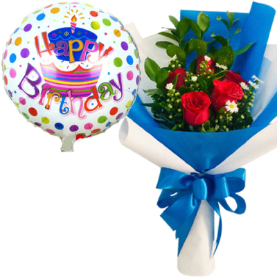 5 Red Roses Bouquet with Birthday Mylar Balloon