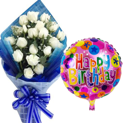 18 pcs White Roses with Birthday Mylar Balloon