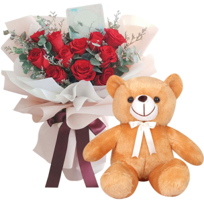 12 Red Roses with Small Brown Bear