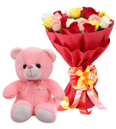 12 Multi Color Roses with Small Bear